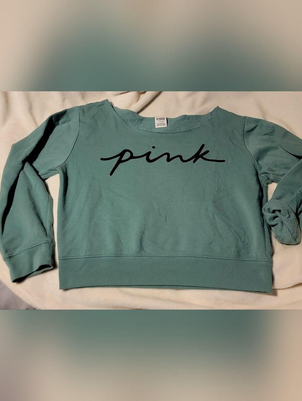 PINK Victoria's Secret Off The Shoulder Green Cropped Sweatshirt Size Large